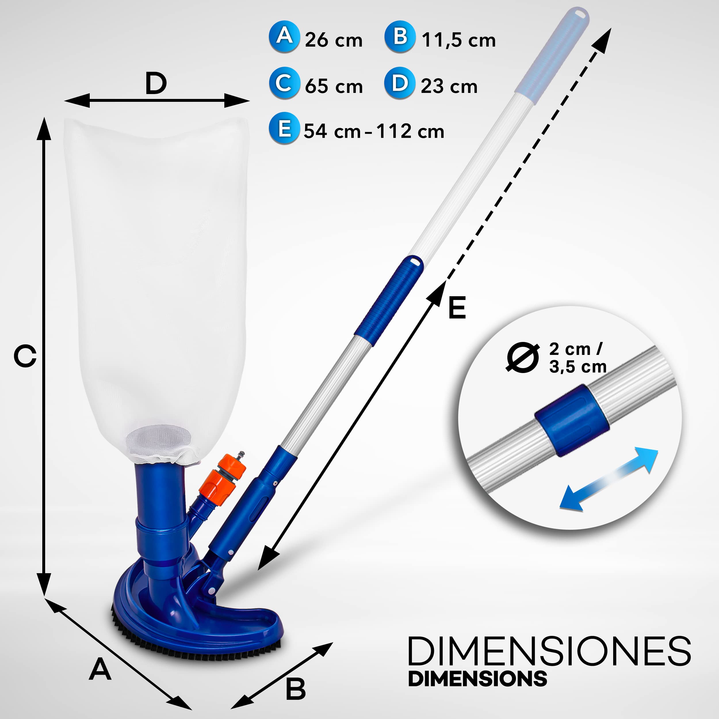 tillvex Kit de Mantenimiento de Piscinas | Set Completo de Aspirador Limpiafondos con Mango Telescópico | Incl. Cepillo, Red de Limpieza, Varilla Extensible (con Mango telescópico)