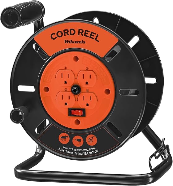 WILAWELS Extension Cord Storage Reel with 4-Grounded Outlets, Heavy Duty Open Cord Reel for 12/3,14/3,16/3 Gauge Power C