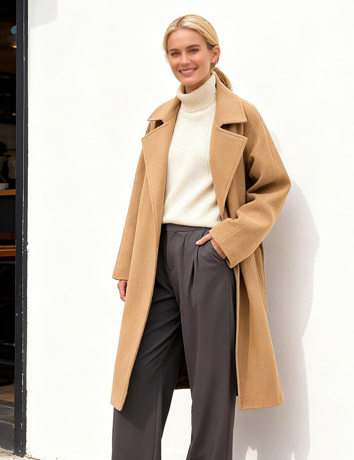 Belted Coat for Women Winter Classic Loose Open Front Notch Lapel Trench Peacoat Long Outwear with Pockets - Image 6