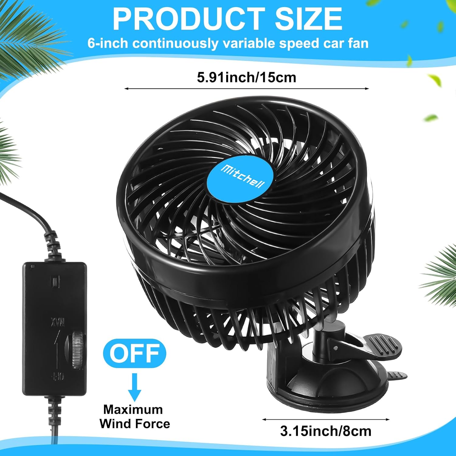 2 Pcs 360 Degree Car Fan 6'' 12v Fan Car Window Portable Seat Cooling with Stepless Speed Regulation and Cigarette Lighter Plug for Suv,Vehicles, Buses (Suction Cup)