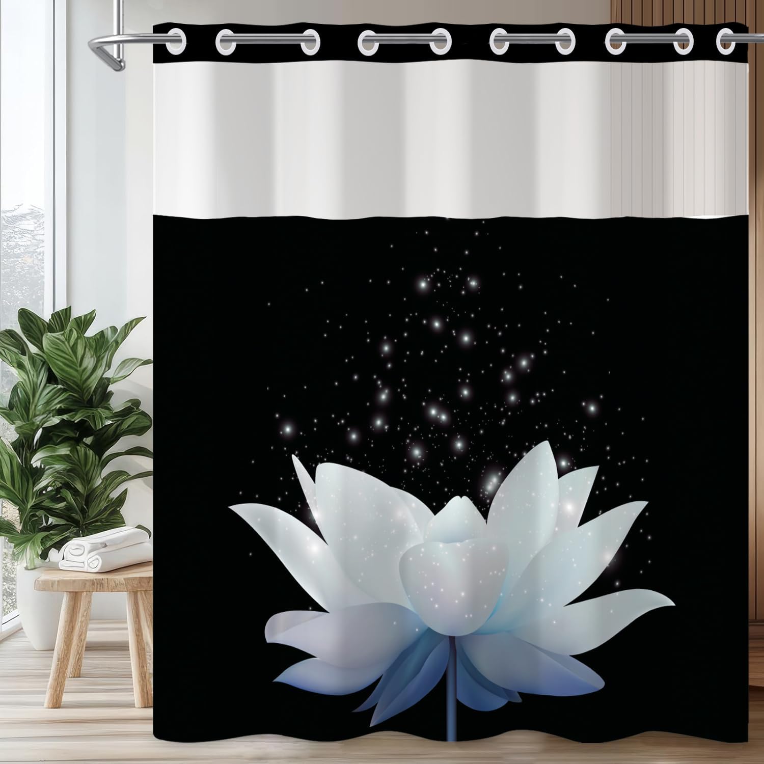 Leowefowa Lotus No Hook Shower Curtain with Snap in Liner, Blue White Floral Modern Zen Double Layer Shower Curtain and Liner Set, Ringless with Window Waterproof Cloth Fabric, 71" W X 74" L