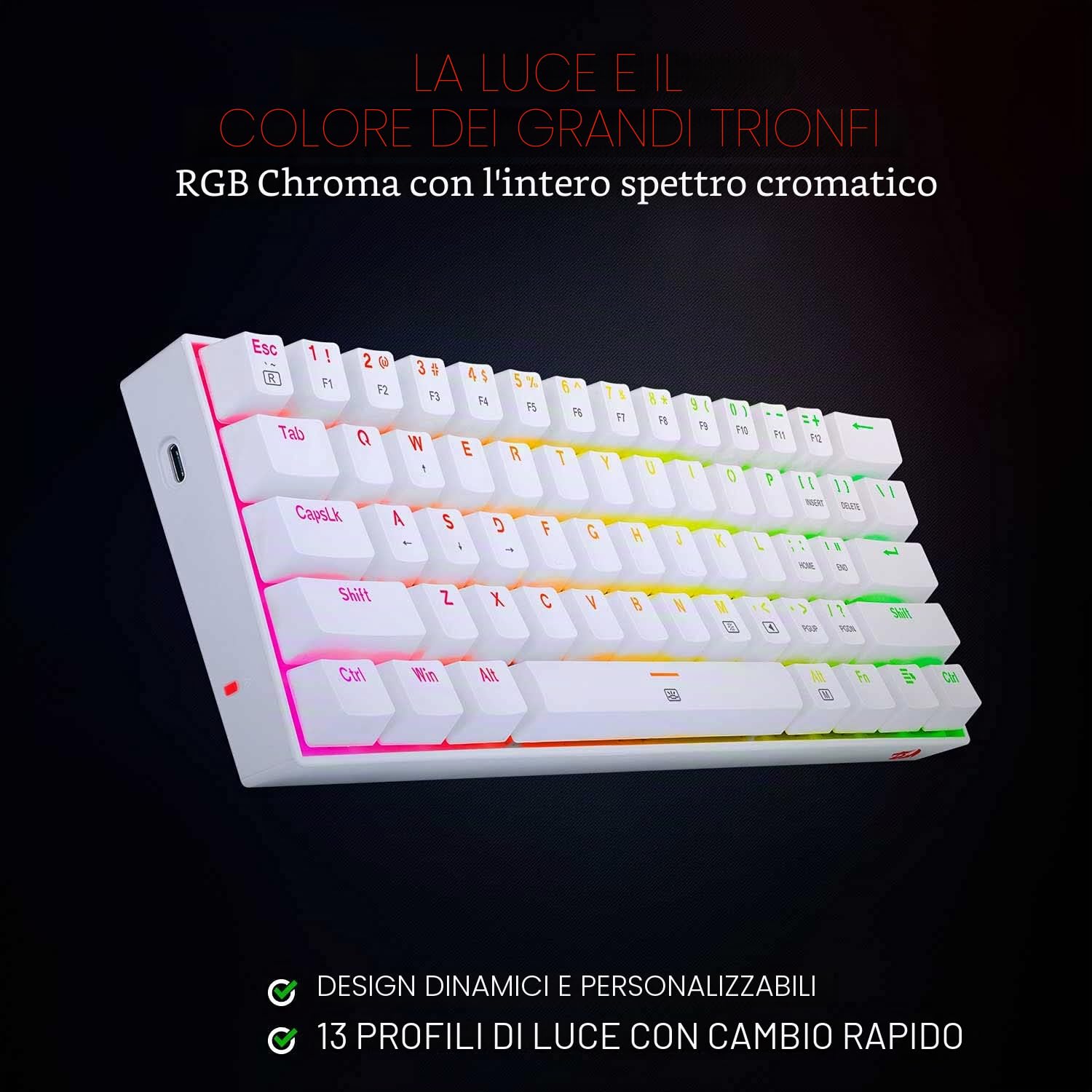 Redragon - K630 Dragonborn Bianca, Tastiera meccanica gaming 60%, compatta, 61 tasti, tastiera gamer TKL per giochi, tasti marroni, illuminazione RGB