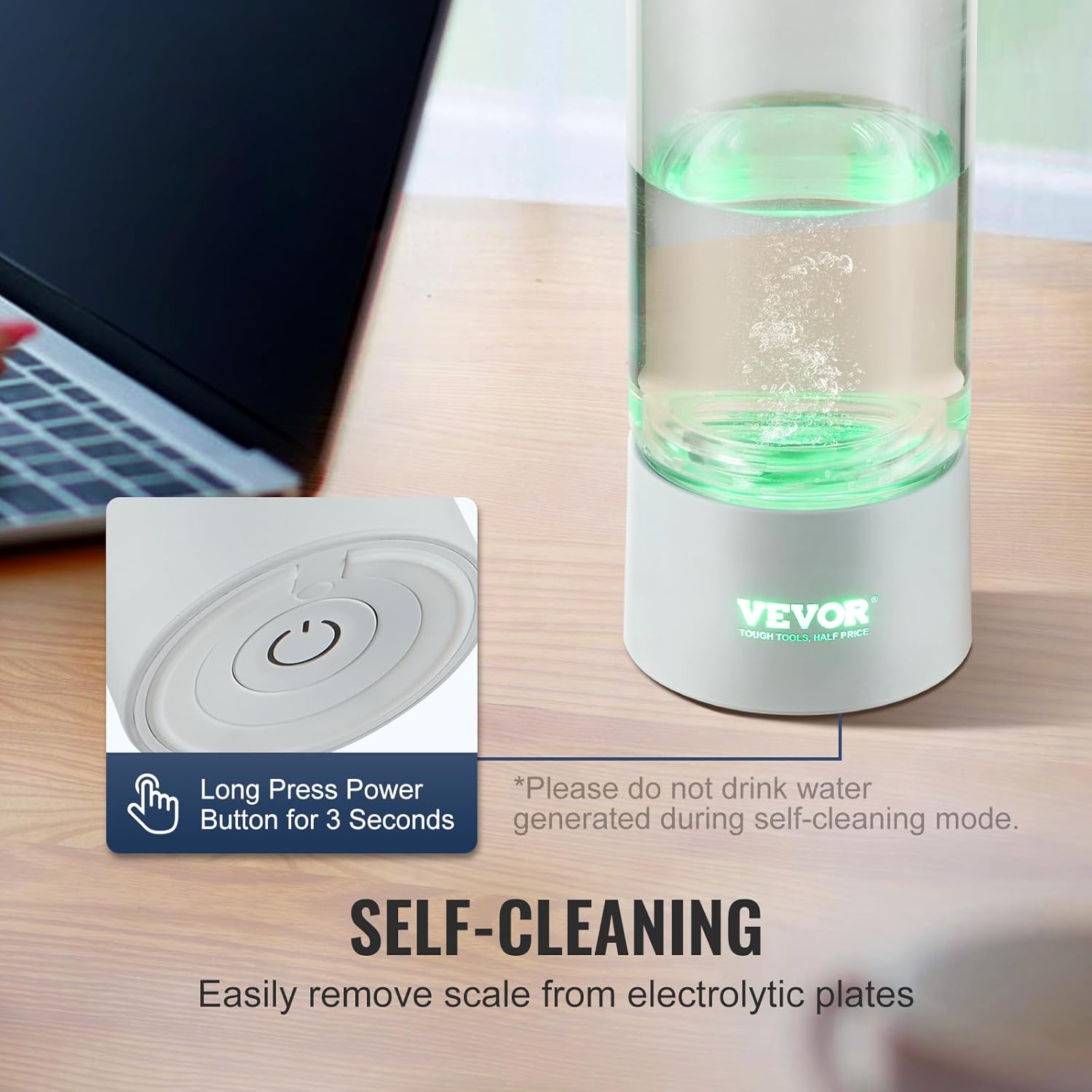 VEVOR Hydrogen Water Bottle, Hydrogen Water Bottle Generator up to 2000 ppb, 380ml Portable Hydrogen Water Machine, SPE Technology hydrogen water generator with Nasal Inhalation Tube and Self-Cleaning