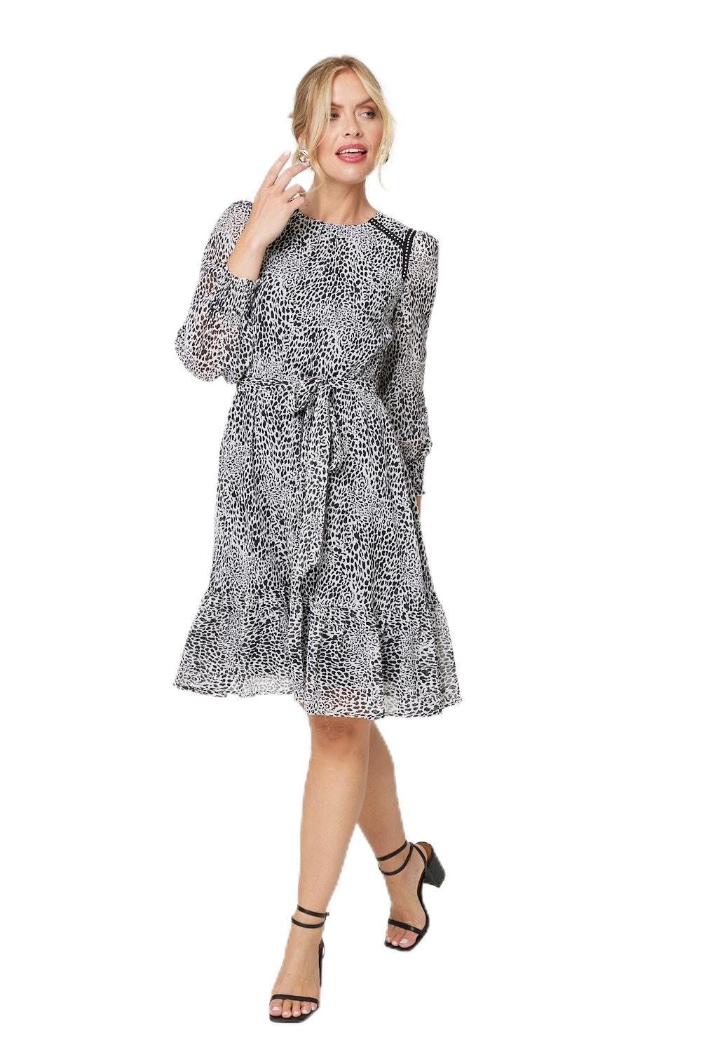 Izabel London Women's Black Animal Print Long Sleeve Dress For Uk With Round Neck, Belt And Knee Length Fit.