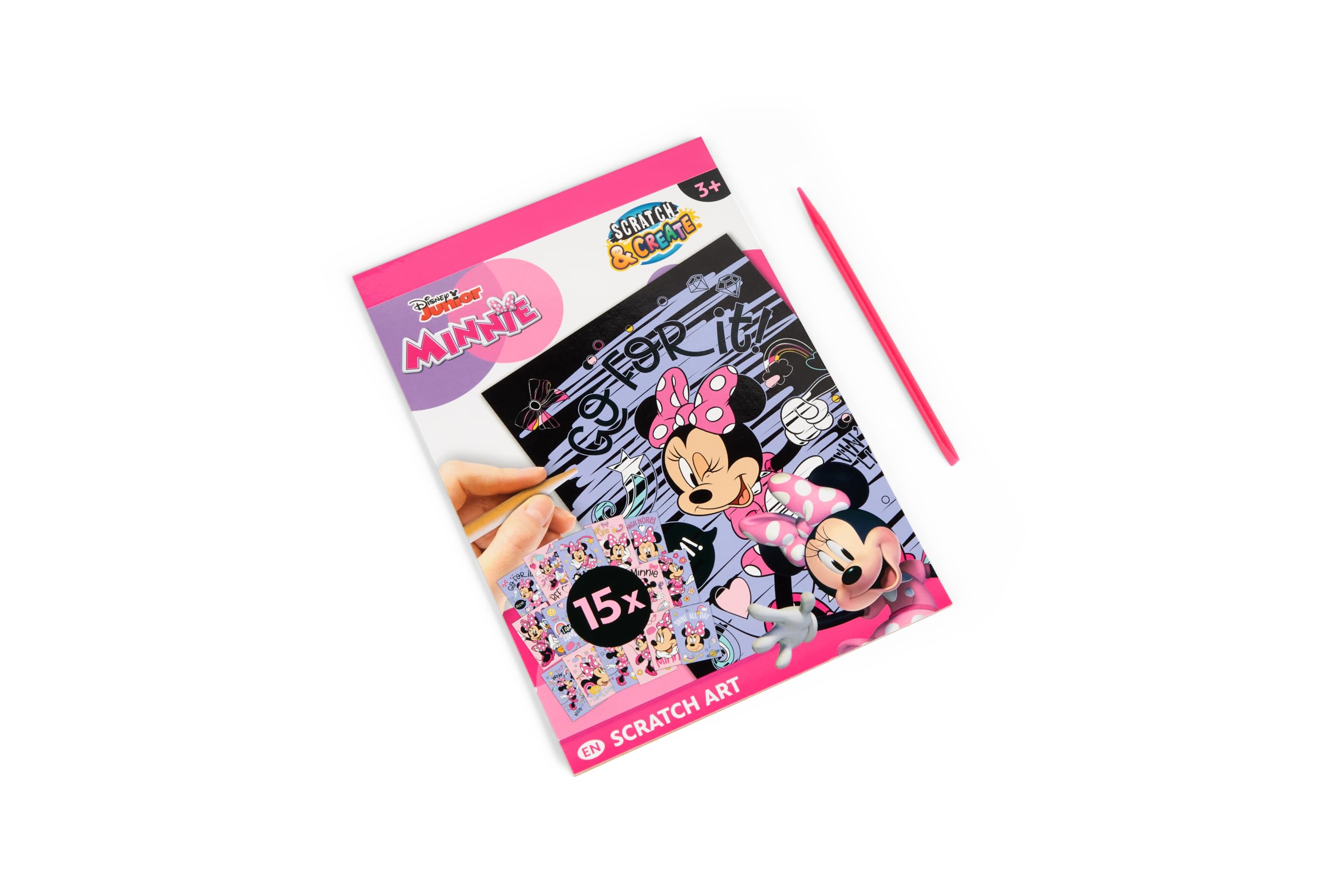 Disney Minnie Mouse Obrazki do zdrapywania książka A5 dla dzieci, zestaw z 15 motywami, w zestawie drewniany pisak do drapania, efekt tęczy, kreatywny zestaw od 3 lat