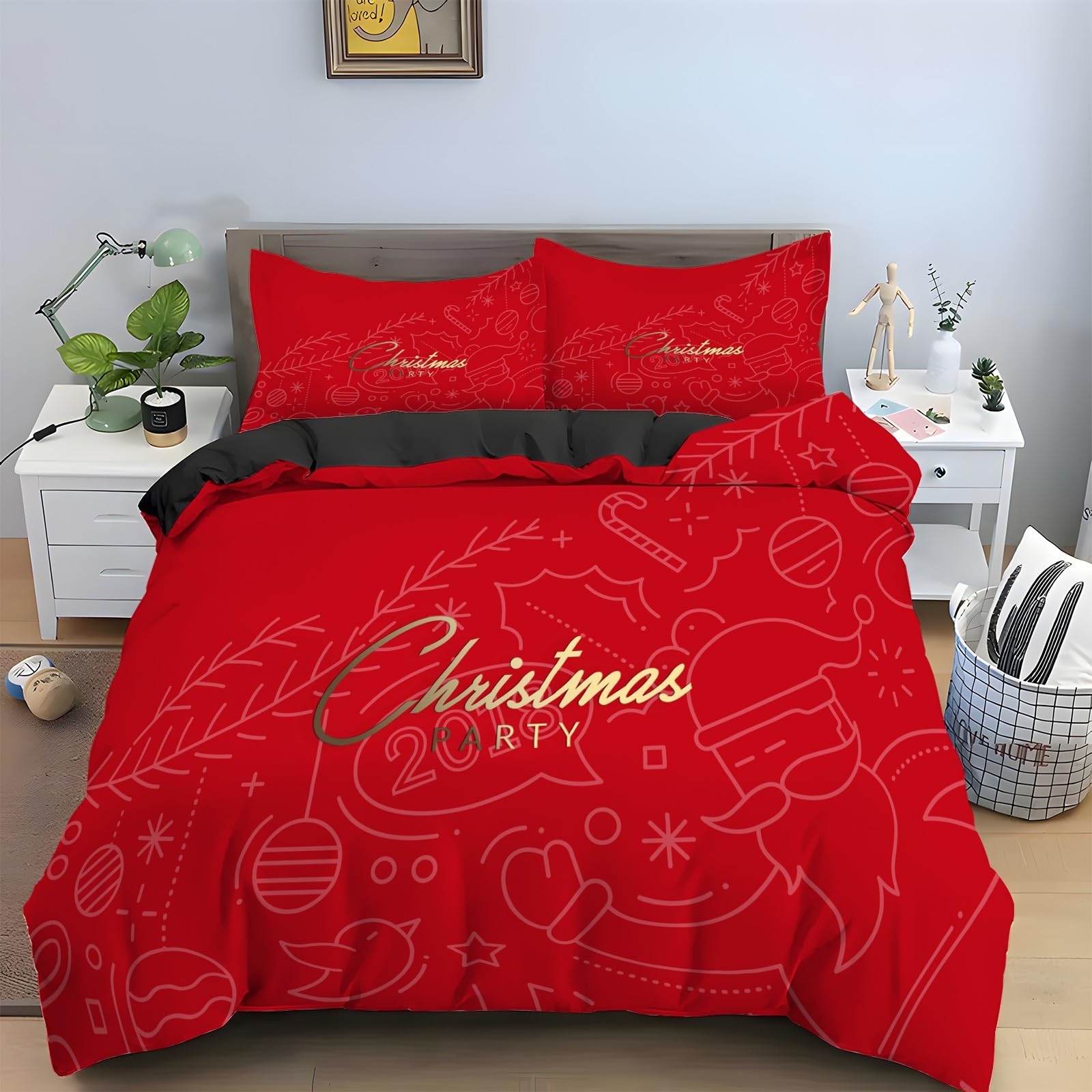 Parure de lit 90x190 rouge avec housse de couette en microfibre douce et taies