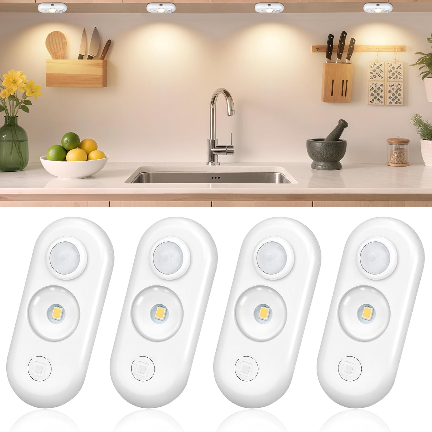 LED Motion Sensor Puck Lights, Magnetic Rechargeable Under Cabinet Lighting, Wireless Battery Operated Closet Light, Dimmable Under Counter Lights for Kitchen Stairs Hallway, Warm White, 4Pack, White
