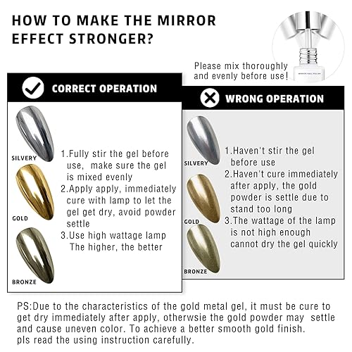Miniatura 4 de Esmalte de uñas de pintura de espejo metálico, 2 x 0.4 fl oz de gel pintado en oro plateado con pincel fino, efecto cromado espejo, arte de uñas