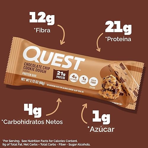 Miniatura 3 de Quest Nutrition Barras de proteína de masa de galletas con chispas de chocolate, 21g de proteína, 1g de azúcar, 4g de carbohidratos netos, alto