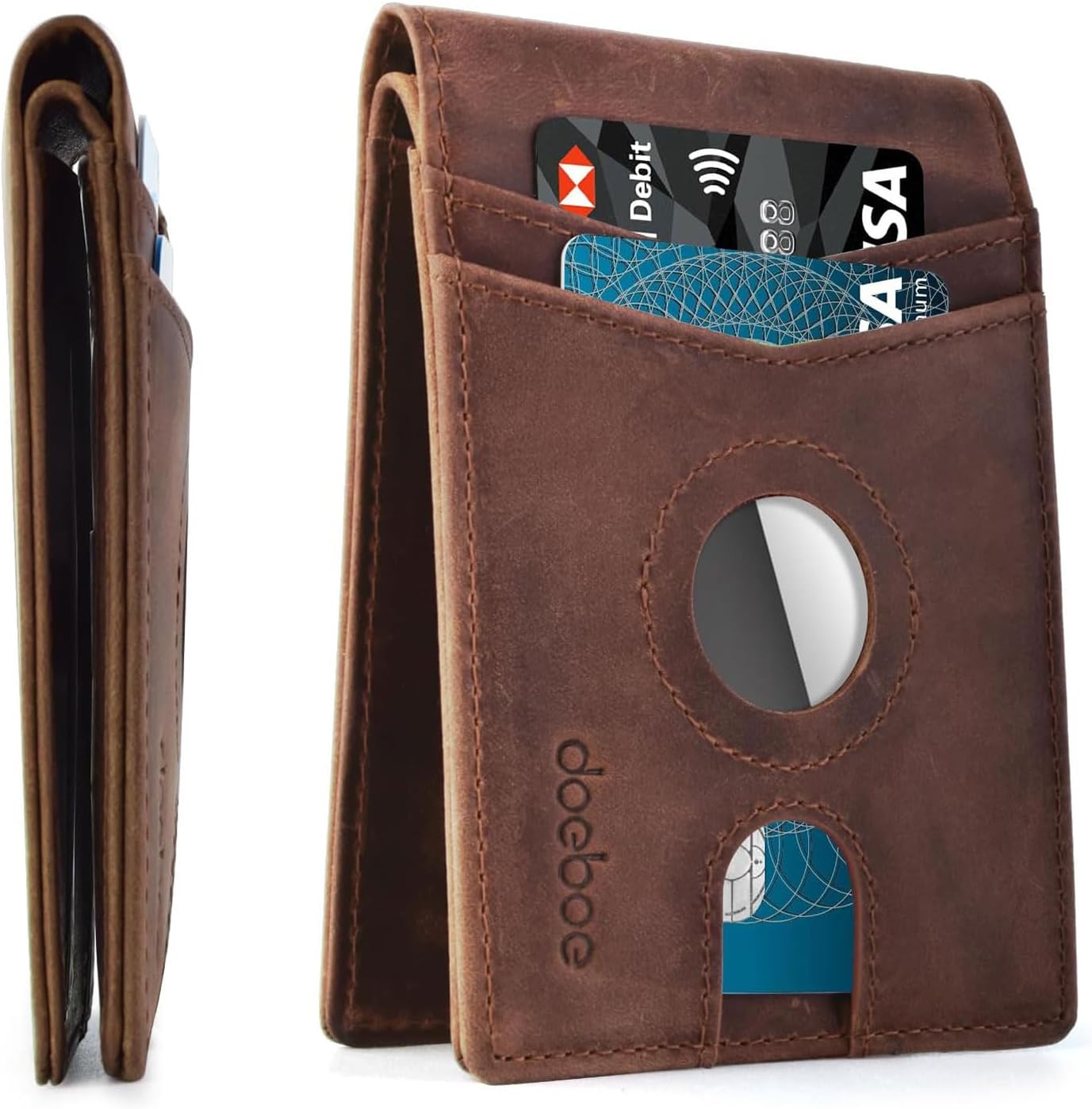 doeboe Airtag Wallet, Men’s Wallet with Airtag Holder, Genuine Leather Credit Card Wallet, Bifold Slim Wallet for Air Tag GPS Tracker, RFID Minimalist Front Pocket Wallet [No Airtags]