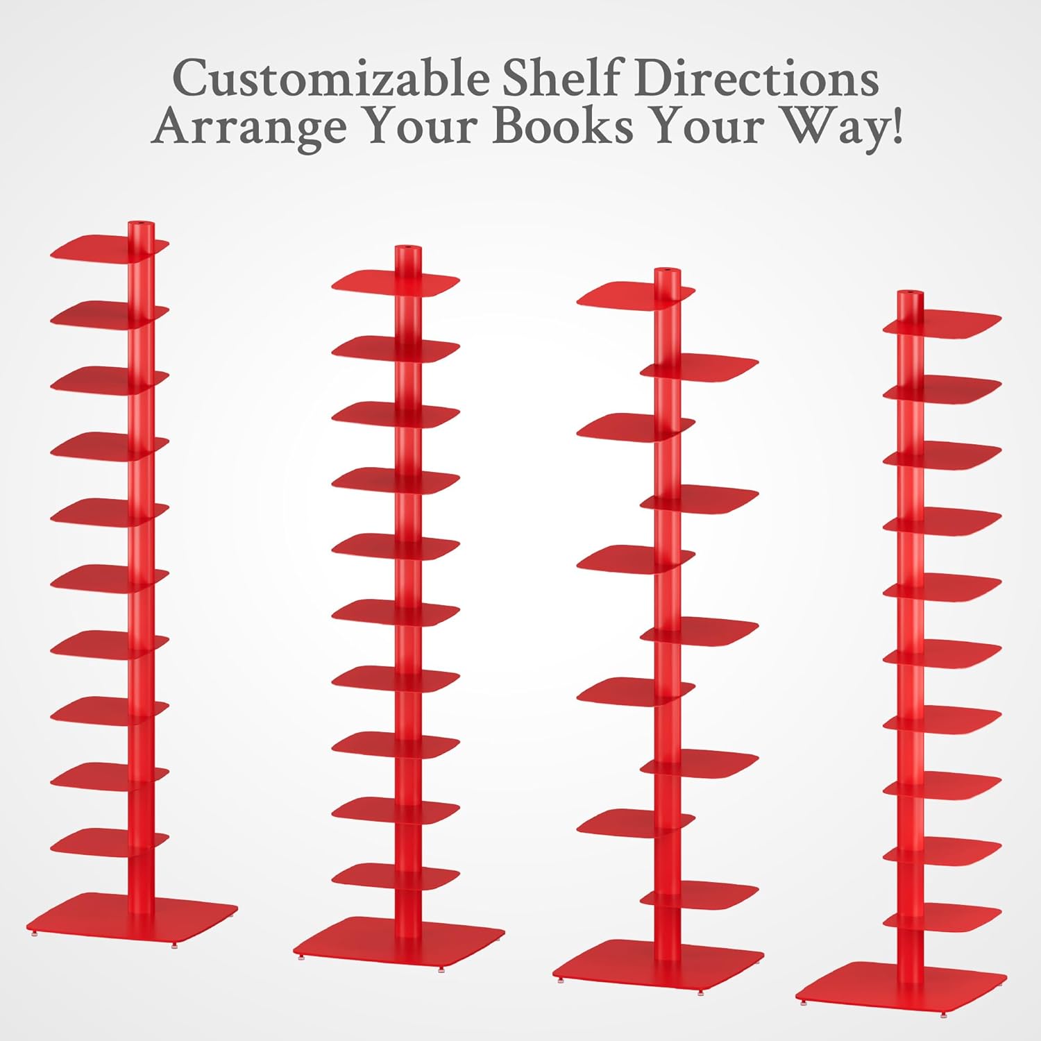 Suchtale 11-Tier Spine Bookshelf Tower,Tall Vertical Book Organizer,Metal Floor Standing Bookshelf for Small Spaces,Narrow Bookcase for Living Room,Bedroom & Office,Adjustable Shelf Directions,Red - Image 6