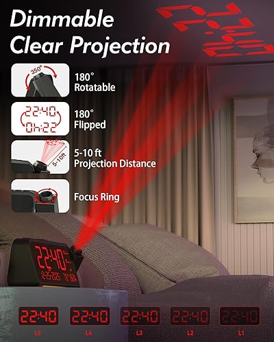 Vista 2 de Roxicosly - Reloj de proyección con alarma para techo de dormitorio, 118 dB súper fuerte para personas con sueño pesado, pantalla digital grande