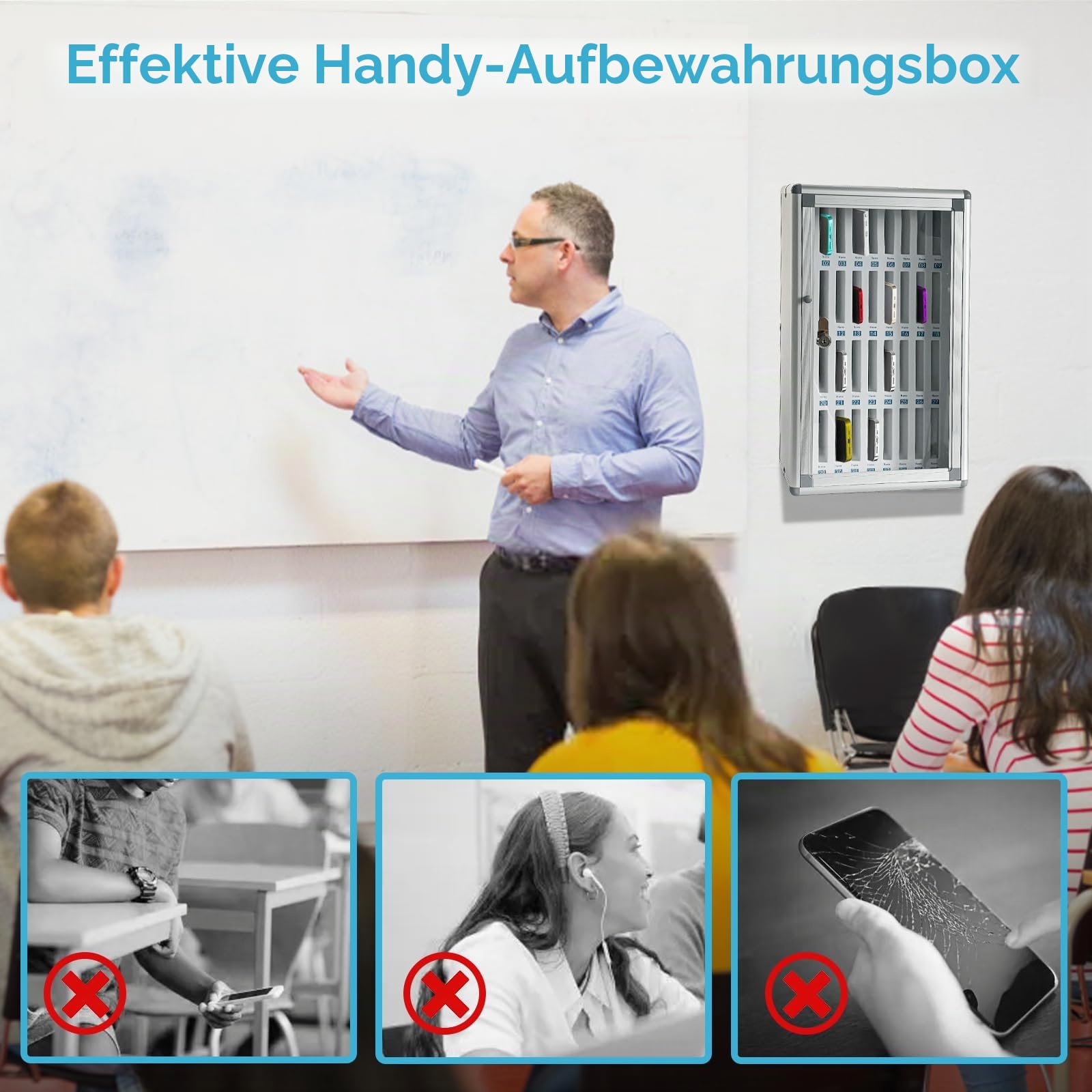36 Slots Handy-Aufbewahrungsschrank, tragbare Box mit Griff, Wandmontage-Schließfach für Klassenzimmer