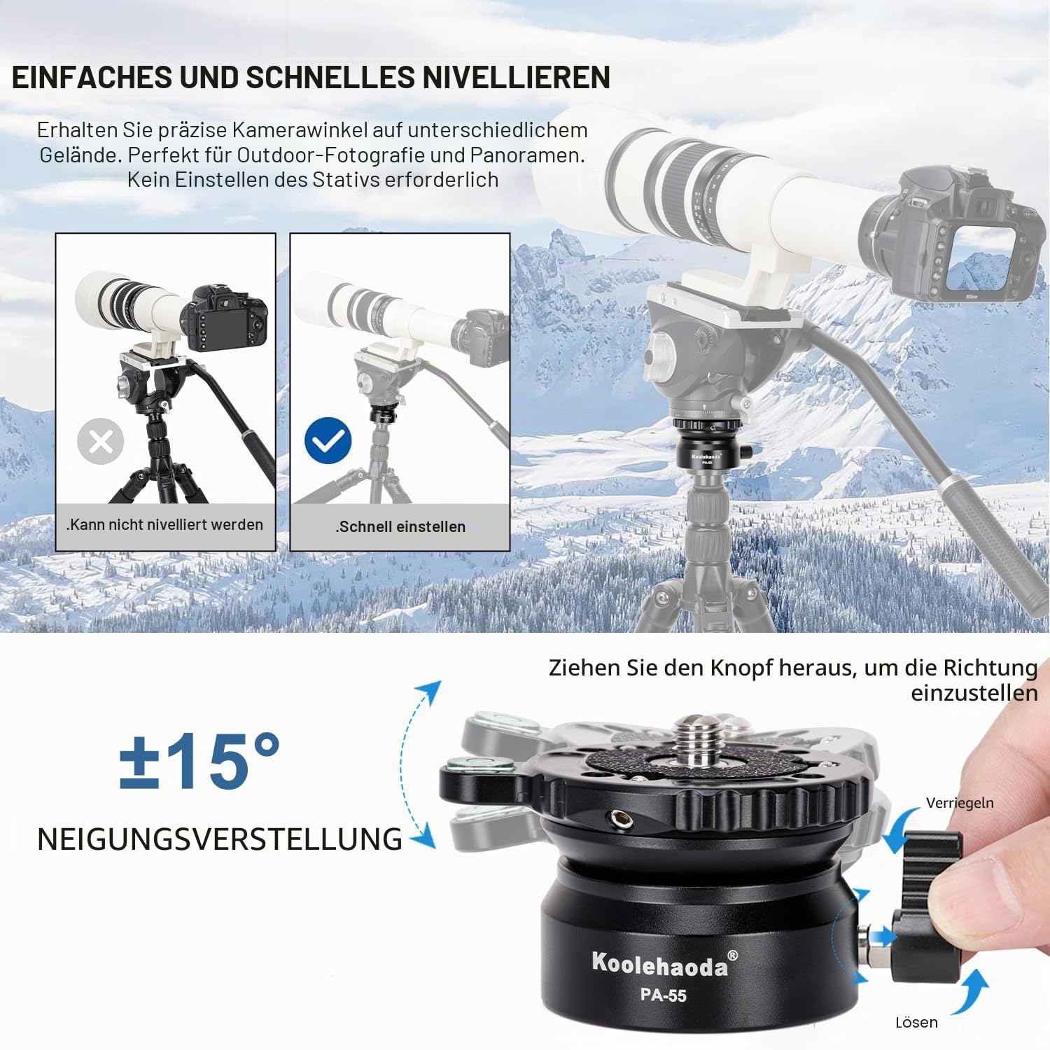 Koolehaoda PA-55 Stativ Nivellierbasis Leveling Base +/- 15 Grad Präzisionseinstellung mit 1/4" Schraube und Versatz Wasserwaage für Canon, für Nikon, DSLR-Kameras