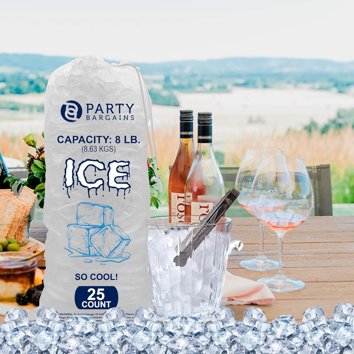Party Bargains 8 lb Plastic Drawstring Ice Bags 25 Count 19″ x 11″ Durable Heavy Duty Ice Storage Bags for Parties Catering Coolers Outdoor Events image 2