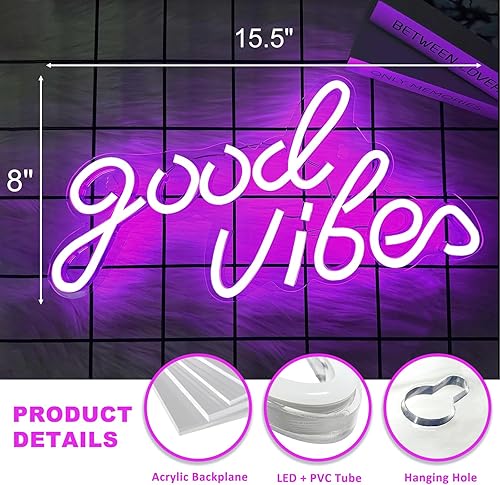 Miniatura 2 de Letreros de neón Pink Good Vibes para decoración de pared, letreros de luz LED de neón Good Vibes, alimentados por USB, decoración de fondo para