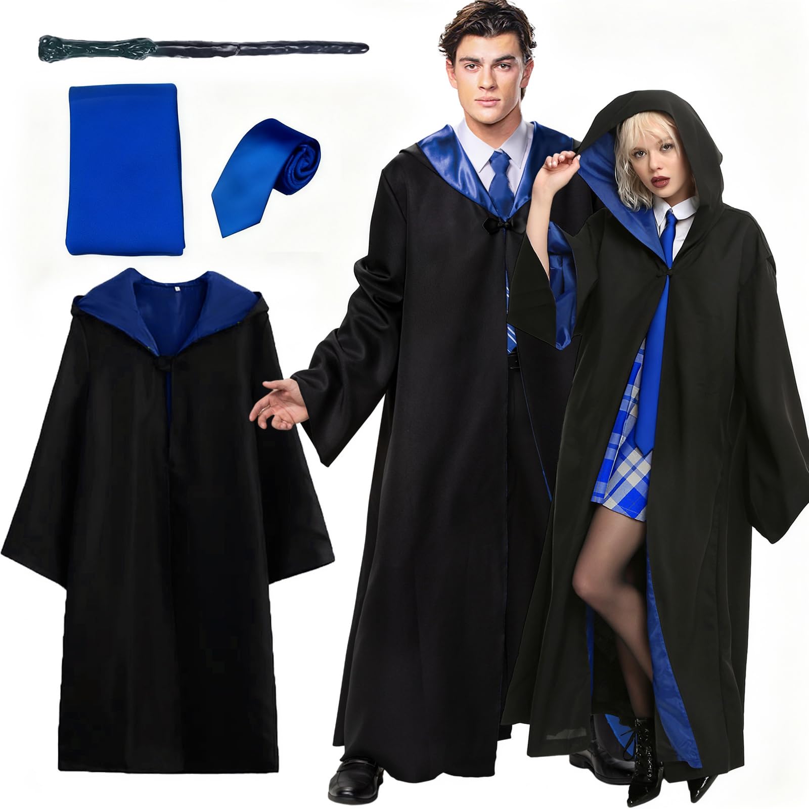 Kitimi BlueM Magic Robe, Umhang, 5PCS Zauberer Cosplay Kostüm für Erwachsene, with Cape, Magic Wand, Glasses, Scarf, Tie, Halloween Wizard Costume for Cosplay, Carnival, Fancy Dress, Blau.