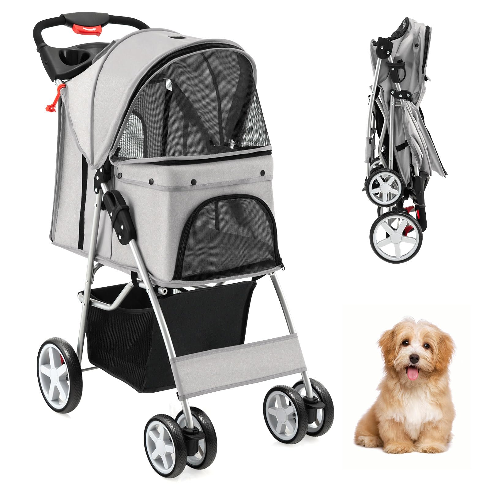 SOARS Hundebuggy, Hundewagen bis 15kg klappbar, Katzenwagen mit Netzfenstern & Getränkehalter & Aufbewahrungskorb, Haustier-Kinderwagen für kleine Haustiere (Grau)