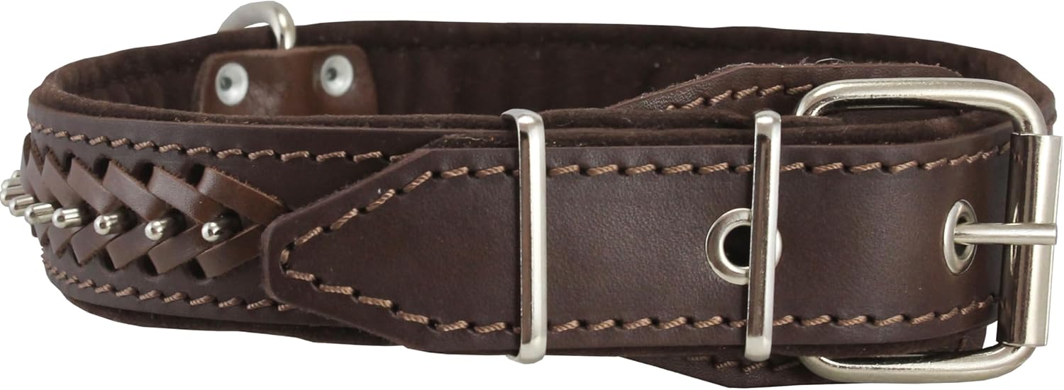 Genuine Leather Braided Studded Dog Collar, Brown 1.5" Wide. Fits 17"-22" Neck.