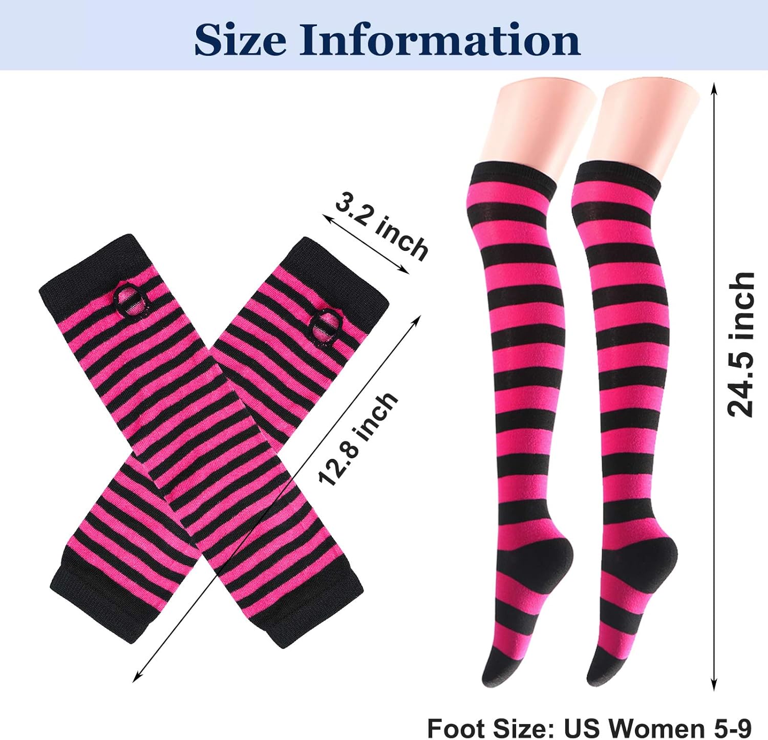 Ibeauti 8 Pcs Womens Striped Knee High Socks Stockings Y2K Goth Knitted Long Arm Warmer Fingerless Gloves Set - Image 4