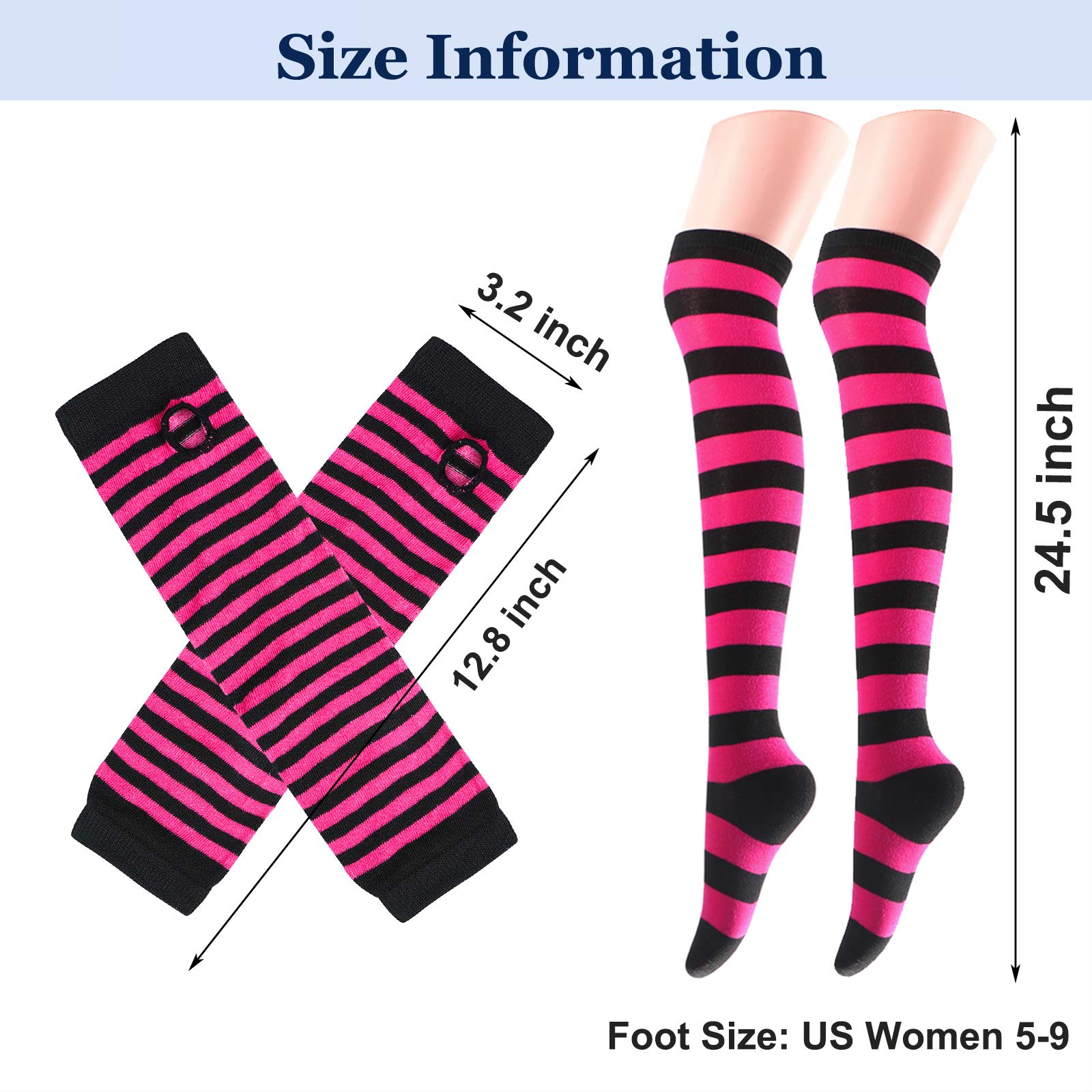 Ibeauti 8 Pcs Womens Striped Knee High Socks Stockings Y2K Goth Knitted Long Arm Warmer Fingerless Gloves Set: 4-green/Hot Pink/Orange/Purple