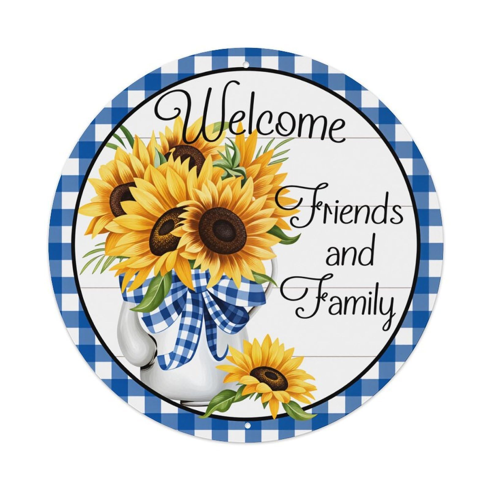 Sunflower Vase Blue Checkered Welcome Round Tin Sign Vintage Metal Poster Retro Bar, Home, Man Cave, Kitchen, Laundry Room Wall Art Decor Gift 8x8In