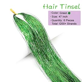 MISSUHUI Hair Tinsel Kit with Tools 47Inch 1200 Strands Fairy Hair Tinsel Heat Resistant Glitter Tinsel Hair Extensions Sparkling Shiny Hair Tinsel Strands Kit for Women Girls 6Pcs (Green)