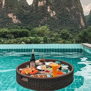 Round Rattan Woven Serving Tray Rattan Floating Breakfast Tray with Handles, Swimming Pool Floats, for Adults for Sandbars Spas Bath and Parties Wedding Photography Photo Shoot