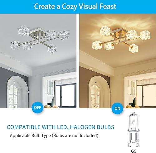 Miniatura 4 de XINGQI Lámpara de techo semiempotrada de 6 luces, moderna lámpara Sputnik de níquel cepillado, accesorios de iluminación para comedor, sala de