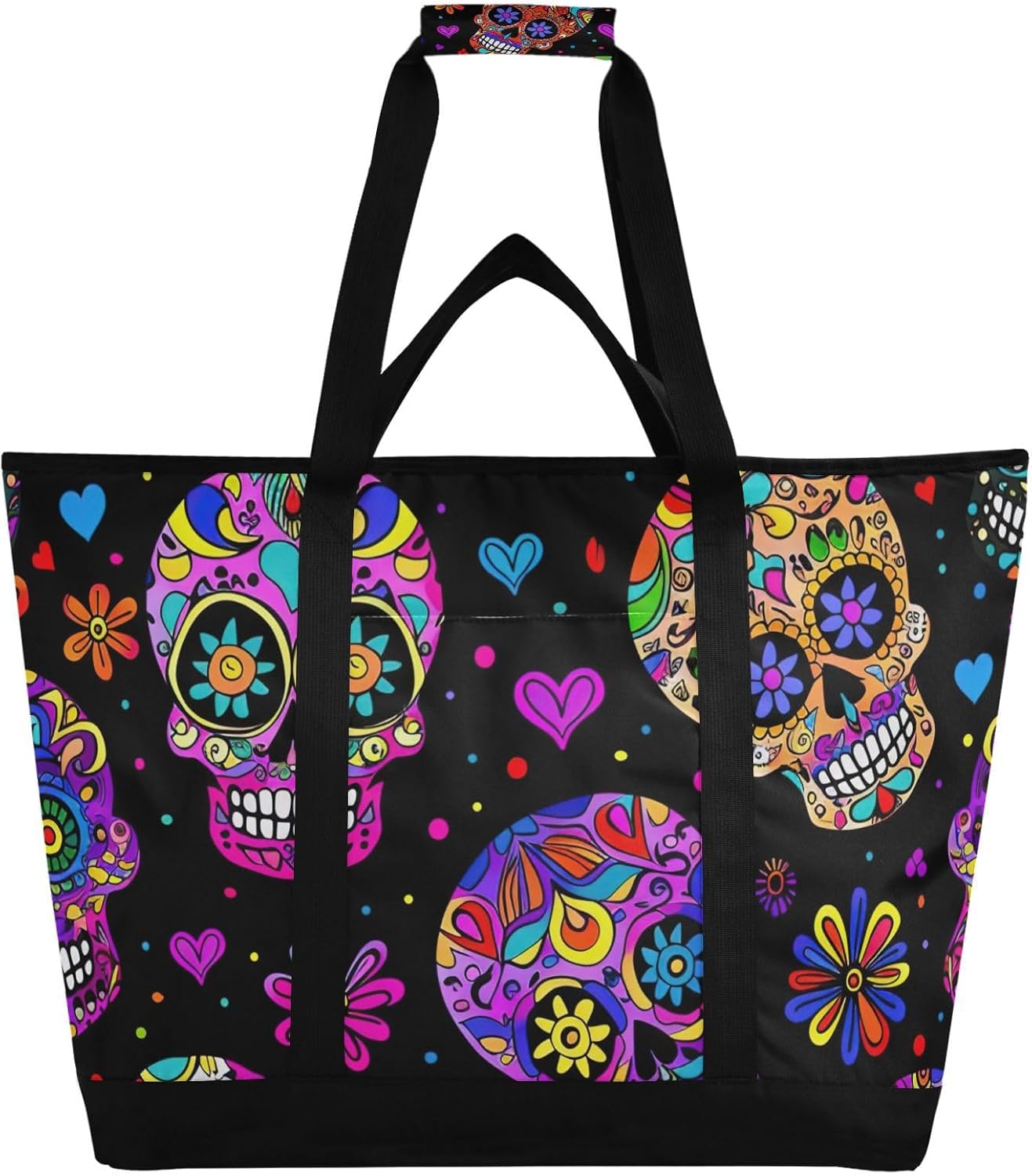 Sugar Skull Heart Large Insulated Reusable Tote Bag for Grocery Shopping for Women Men, Cooler Bag with Zippered Top & Handles for Travel Beach Picnic