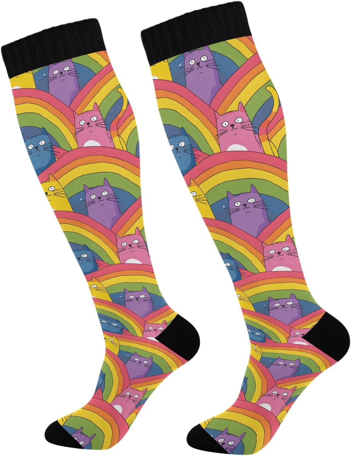 ALAZA Cat Rainbow Cartoon Compression Socks for Women Men