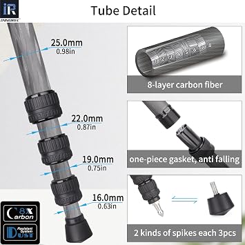 Carbon Fiber Tripod INNOREL P254C 62.5 Compact Lightweight Tripod & Monopod for DSLR Camera Stand Support with Low Gravity Center Ball Head Special-Shaped Center Column Max Load 26.5 lbs/12 kg