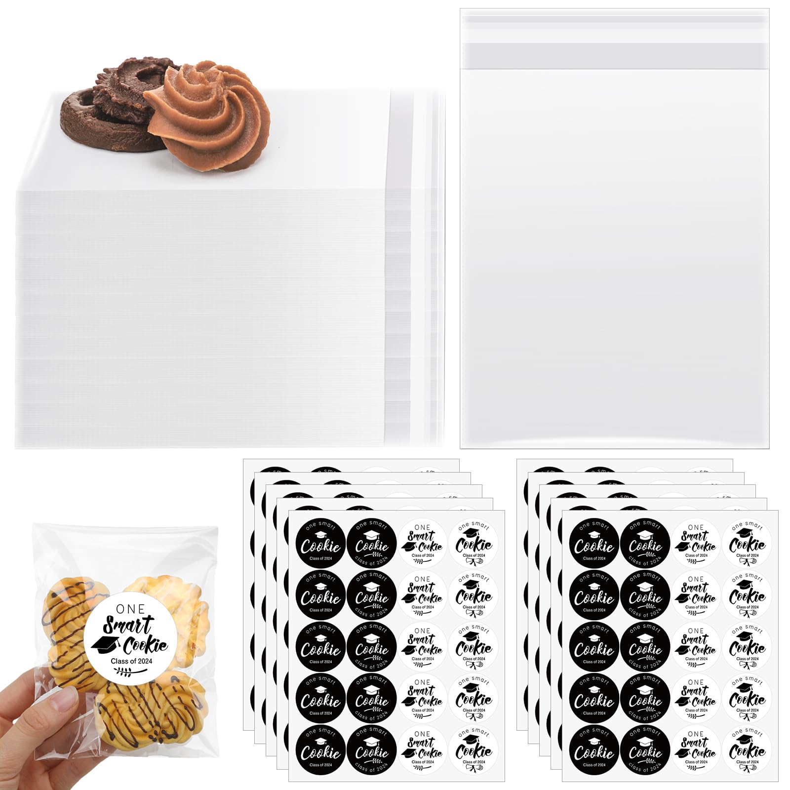 ReliThick 200 Pack Graduation Cookie Party Favor Bulk with 200 Pcs One Smart Cookie Favors Stickers 200 Clear Self Sealing Cellophane Bags Graduation Candy Cookie Gift for Graduation Party Decoration