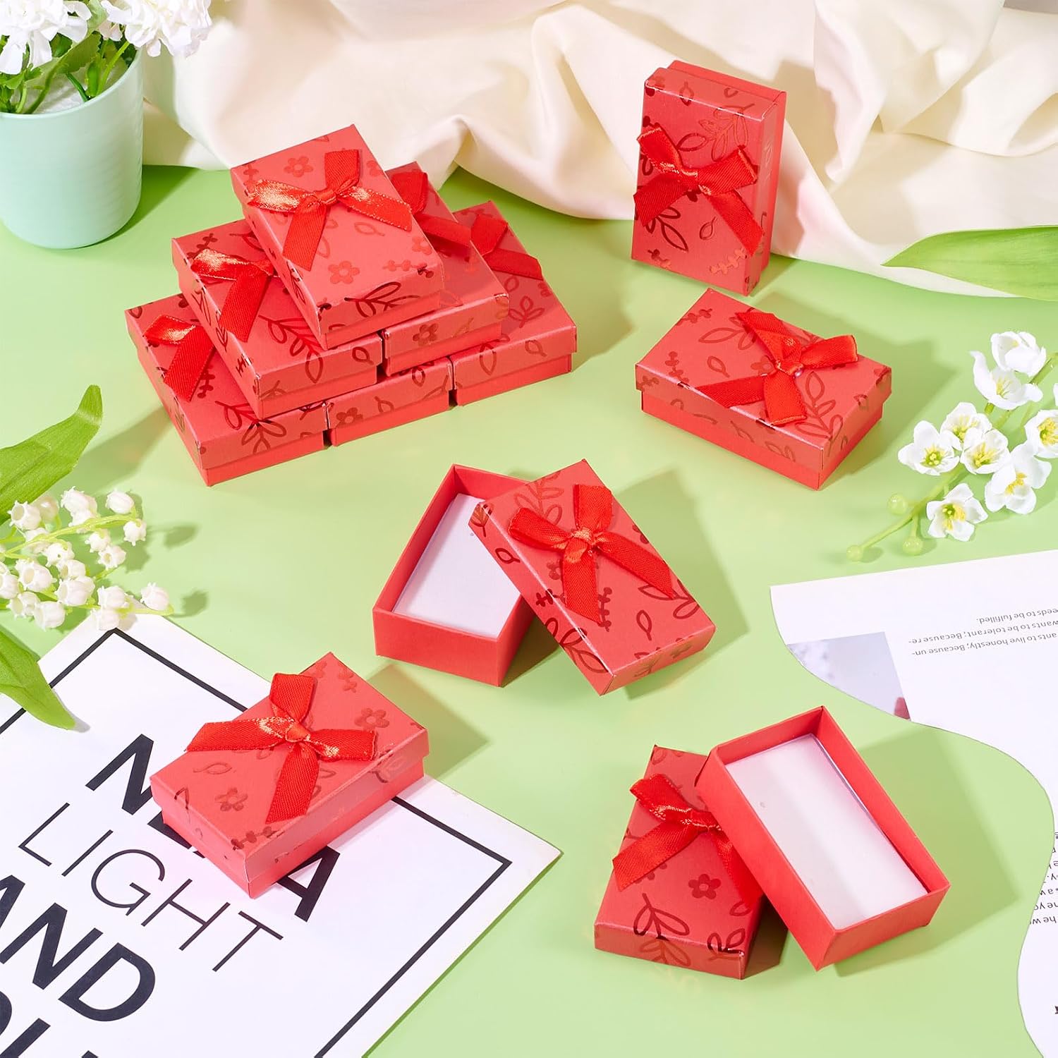 Boutigem 12 Pack Red Jewelry Gift Boxes with Lids, 3.15 x 1.97 x 0.98 Inch Cardboard Jewelry Packaging Boxes with Sponge Inside, Cute Flower Pattern Small Rectangle Gift Cases for Festival Wedding image 5