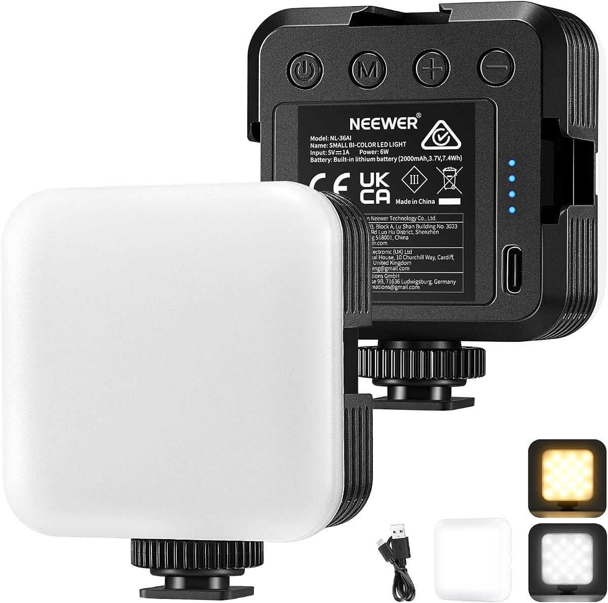 LED Video Light, Portable Bi Color Lights for Cameras, NL-36AI | 3200K~5600K Dimming, CRI 97+, 8 Scene Modes, 2000mAh Rechargeable Battery, for Gaming YouTube Vlog Photography