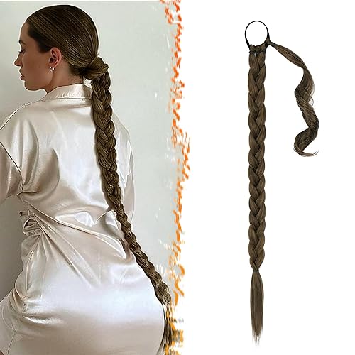 BARSDAR Extensión de cola de caballo trenzada de 26 pulgadas de largo con banda elástica para el cabello, extensiones de cabello lacio y elegante