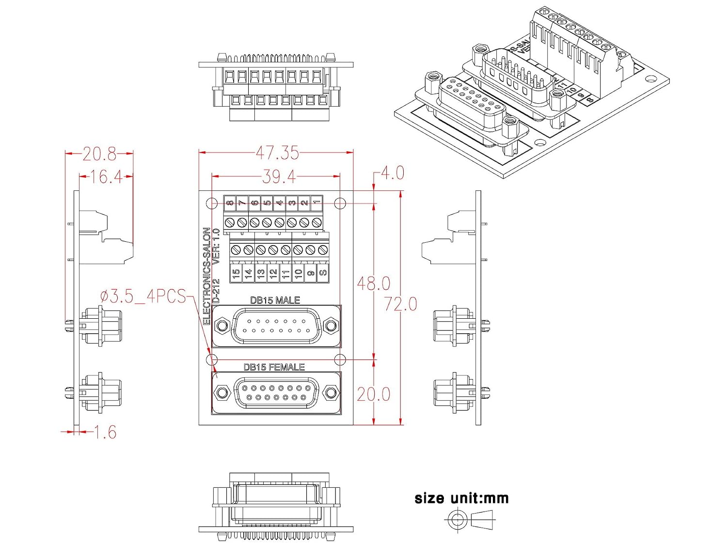 D-SUB DB15 Male/Female Header Breakout Board, DSUB Terminal Block, Connector.