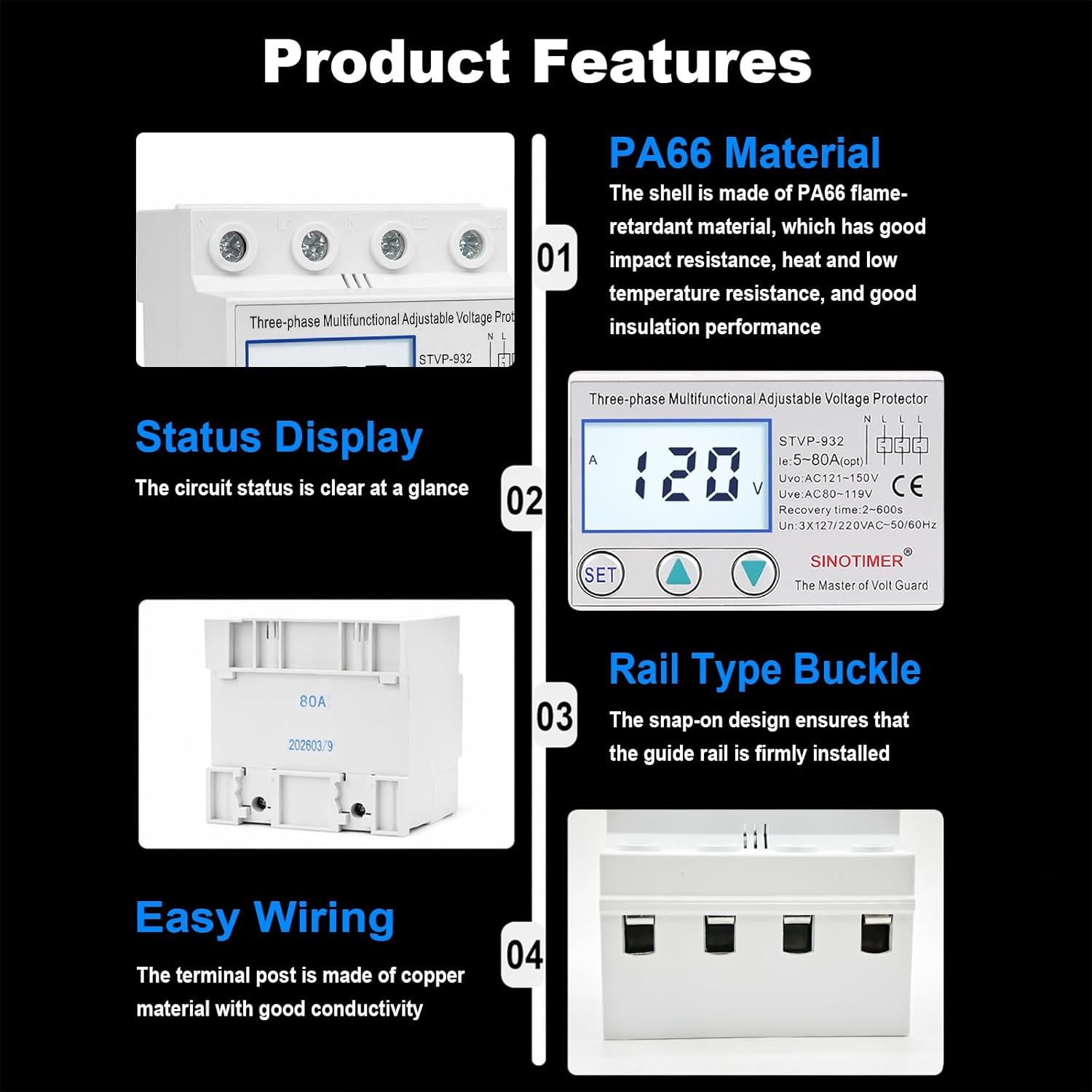 Adjustable 3 Phases 4 Wires Voltage Protector, 220VAC 60Hz 80A Load, Low Consumption LCD Self-Recovery Over and Under Voltage Surge Protection Relay (White Backlights)