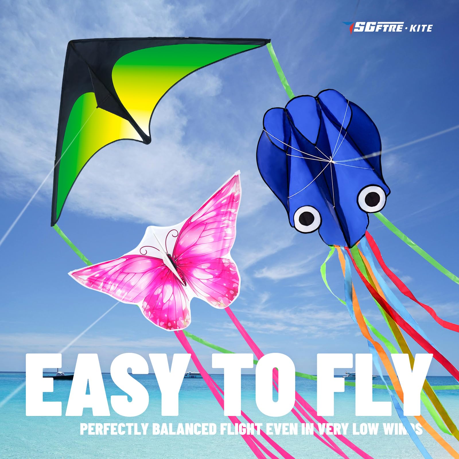 SGftre Lot de 3 cerfs-volants papillon Delta Octopus pour enfants et adultes, facile à voler pour adultes et enfants