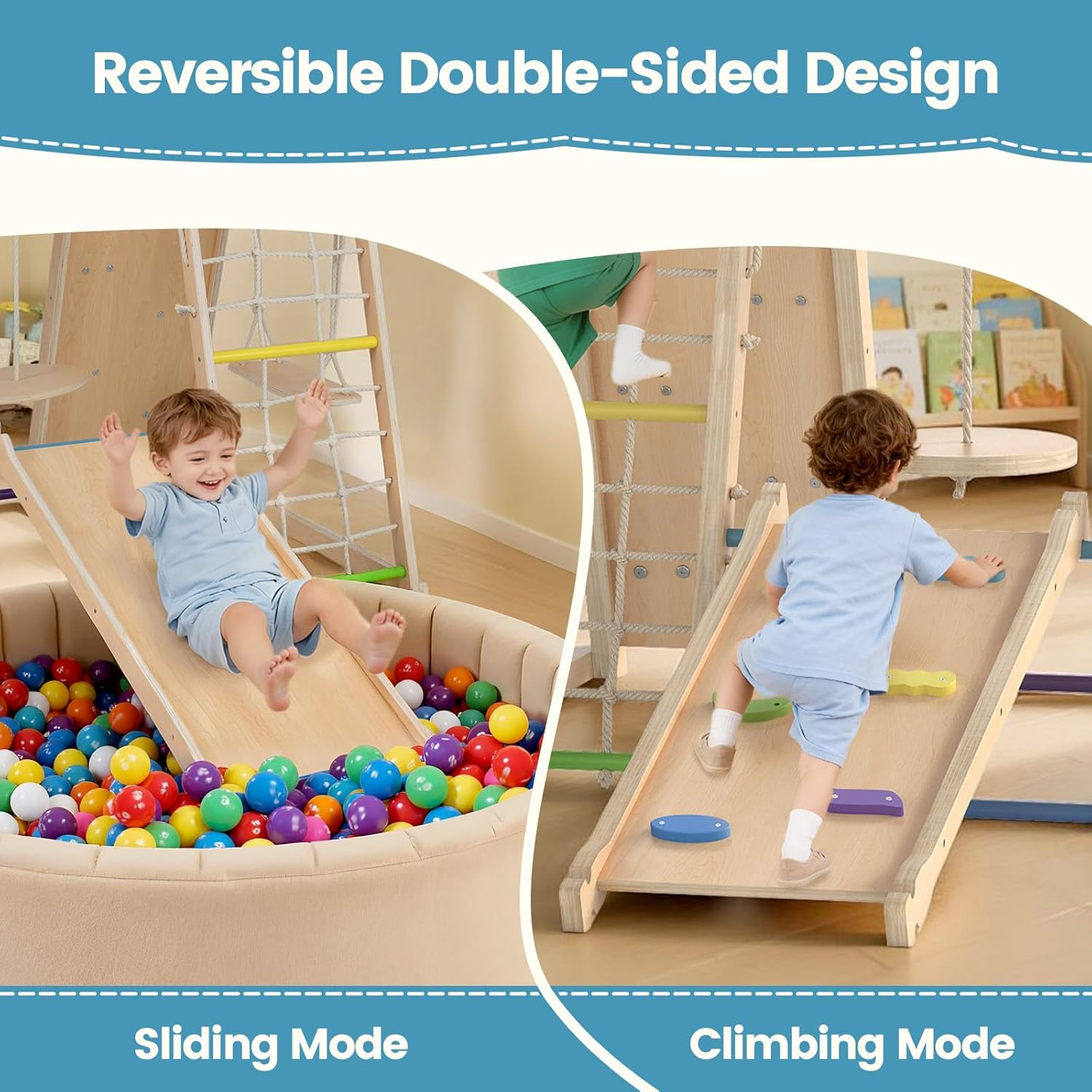 OLAKIDS Indoor Jungle Gym, 9 in 1 Wooden Montessori Baby Climbing Toys with Adjustable 2 Swings Ramp, Monkey Bar Basketball Hoop Ladder Climb Net (Colorful)