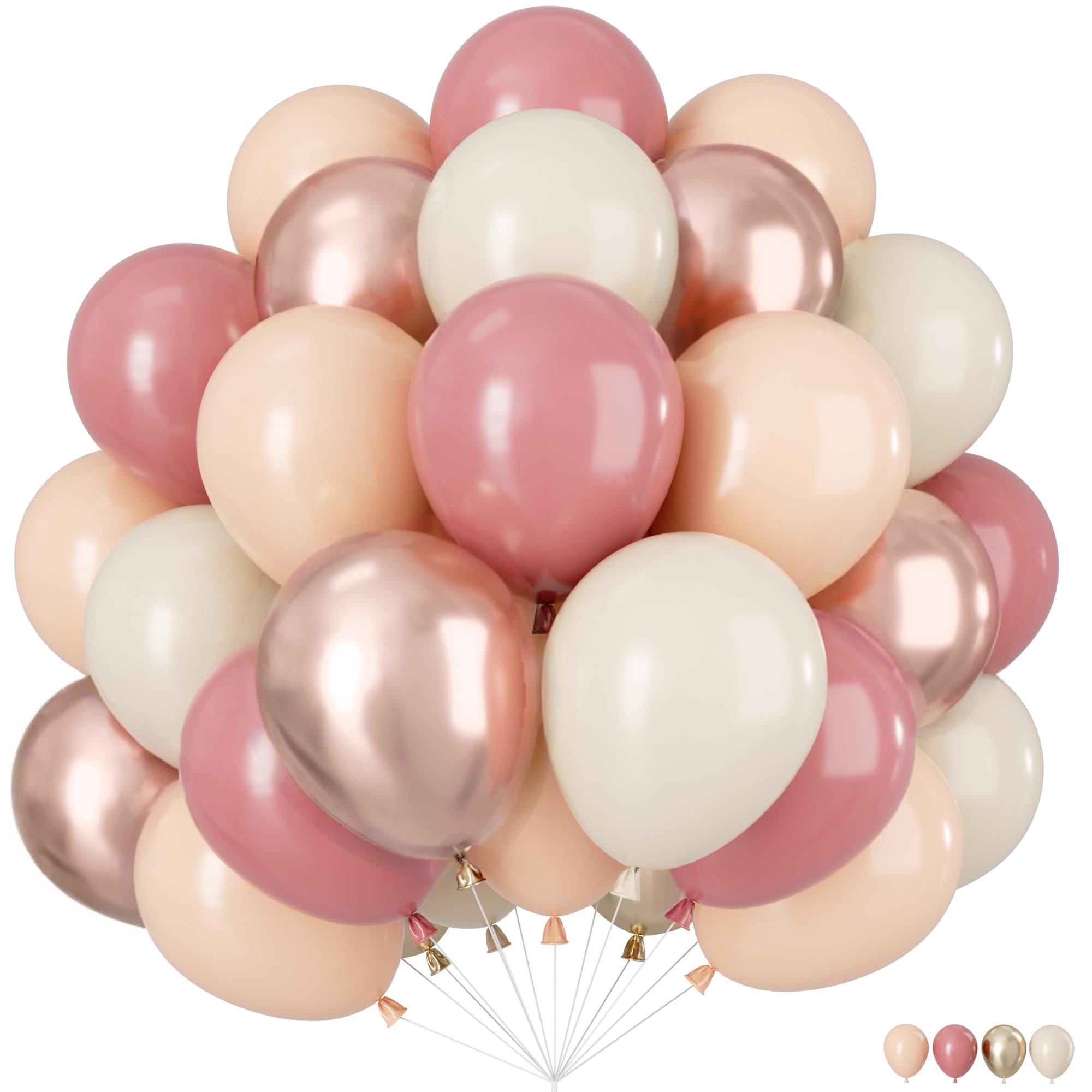 Retro Blush Pink Balloons，12 Inch 60 Pcs Dusty Pink Metallic Chrome Rose Gold Beige Nude Balloons for Birthday Baby Shower Bridal Boho Wedding Party Decorations
