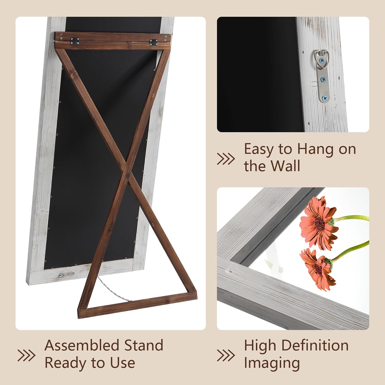 Rustic Standing Full Length Mirror Wood Frame, 56"X21" Farmhouse Floor Mirror for Bedroom Living Room Entryway, Hanging or Leaning Wall-Mounted Full Body Mirror, Tempered Glass, White - Image 6