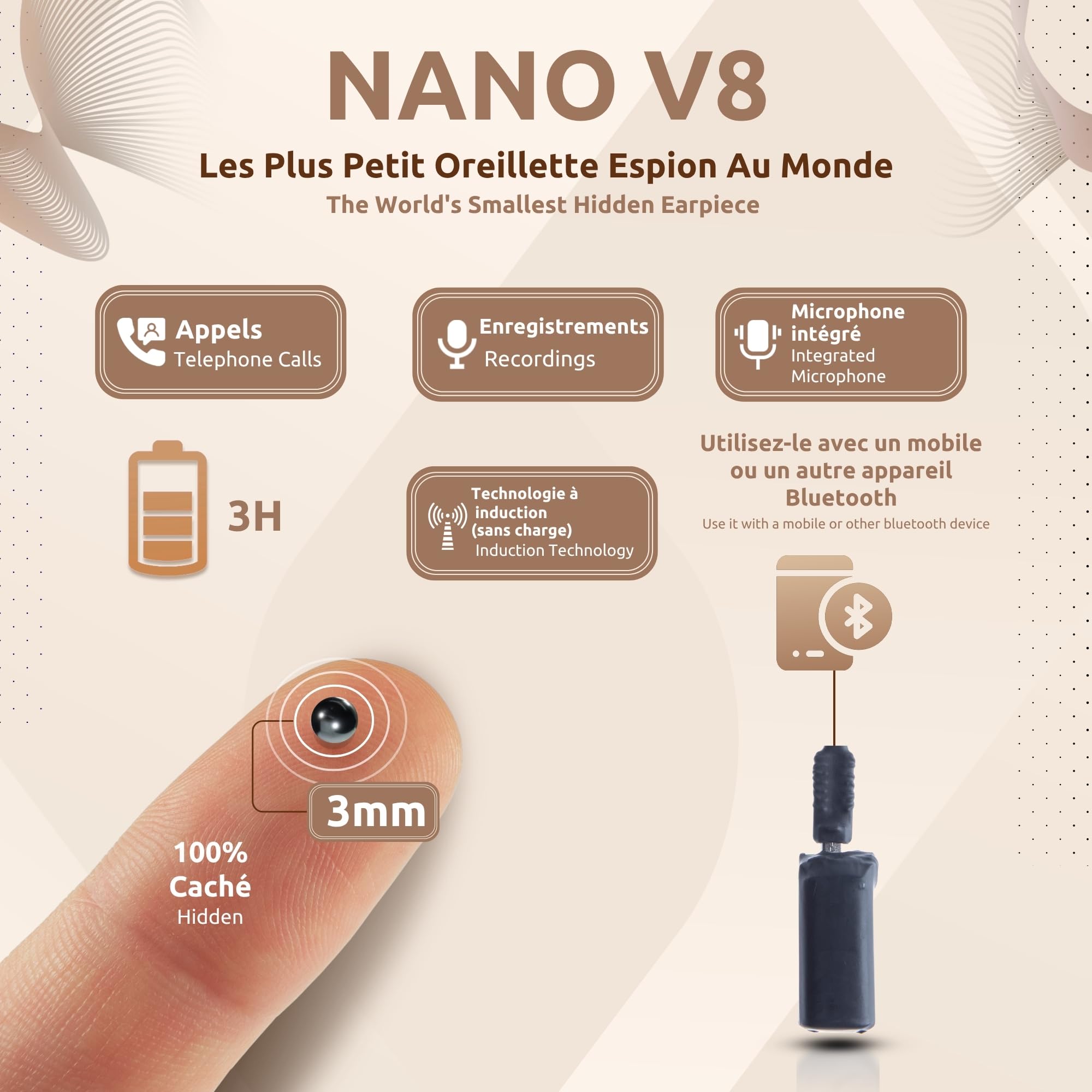 PingaOculto Oreillette Bluetooth Compact Rechargeable sans Câbles (Nano V8) | Microphone intégré, Appels et enregistrements, Oreillette sans fil, Format mini, Casque compact, Appels mobiles