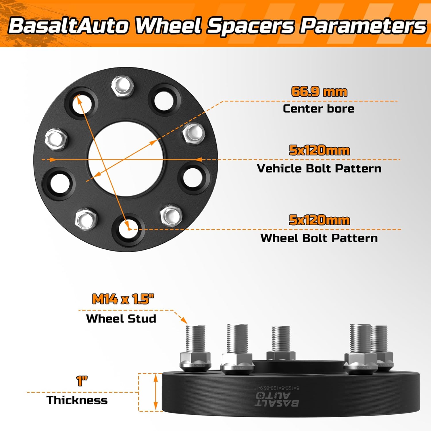 4Pcs Black Hubcentric Wheel Spacers 1" Thick 5x120mm M14x1.5 Studs 66.9mm Hub Bore Compatible for Chevy Camaro Impala Equinox Malibu Cadillac XTS XT4 CTS CT5 CT6 Buick Lacrosse Regal 5 Lug - Image 3