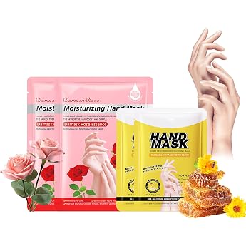 Hand Mask for Very Dry Hands with Roses & Honey - Hand Care Set with Exfoliating Gloves - Moisturising Hand Cream for Sensitive and Cracked Hands - Overnight Care 4 Pairs