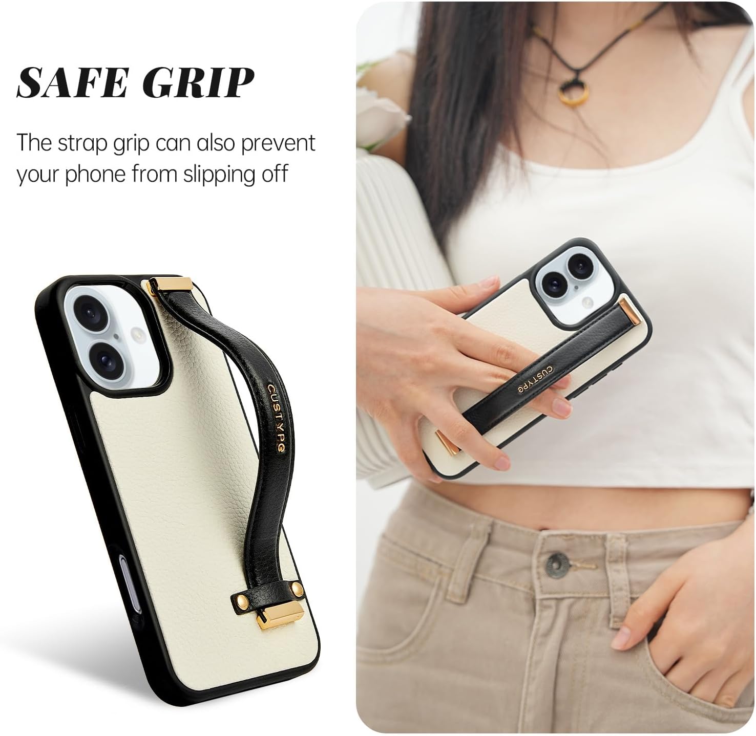 CUSTYPE Compatible with iPhone 17 Case with Adjustable Wristband Strap Kickstand,handstrap Grip Loop Strap Leather Case for Women Girl for iPhone 17 6.3inch-Black&White