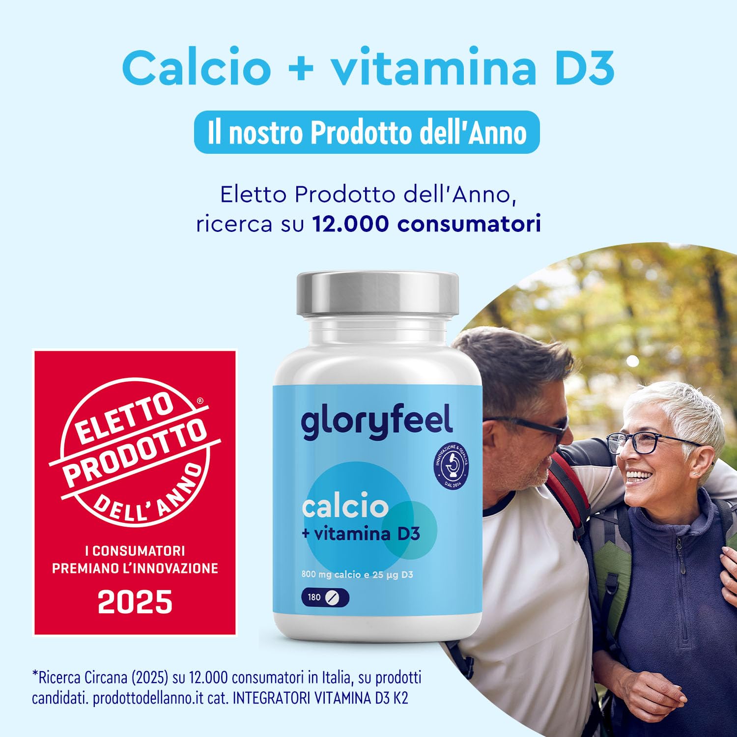 Integratore Calcio e Vitamina D3, 180 Compresse, Eletto PRODOTTO DELL'ANNO 2025, (Scorta per 3 Mesi), Calcio 800 mg e Vitamina D3 25µg, Integratore per il Supporto delle Ossa*, Senza OGM