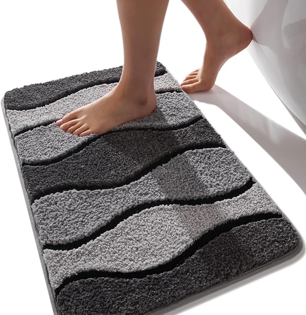 Grey Bath Mat Non Slip Bath Mats for Bathroom 40 x 60 cm, Dark and Light Grey Soft Microfiber Bathroom Mat, Black Stripes Bathmat Machine Washable Rug, Super Absorbent Floor Mat for Living Room