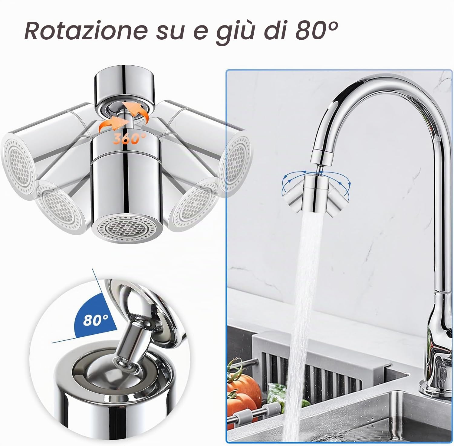 Aeratore Rubinetto Cucina, 360° Girevole Prolunga Rompigetto Rubinetto con 2 Modalità Aeratore Filtro Antispruzzo, 5 Tipi Adattatore Filettato doccetta per lavandino da cucina, lavello da bagno