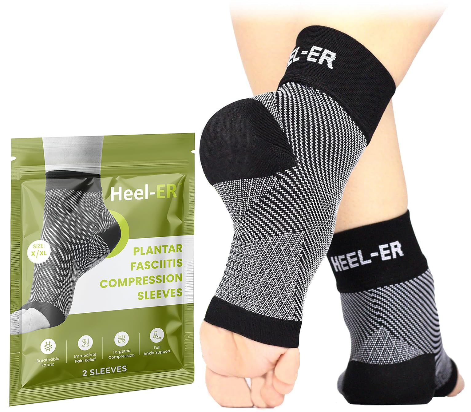 Heel-ER Plantar Fasciitis Compression Foot Sleeves - Socks with Arch & Ankle Support - Brace for Heel Pain Relief, Spur, Sore Feet for Men & Women (